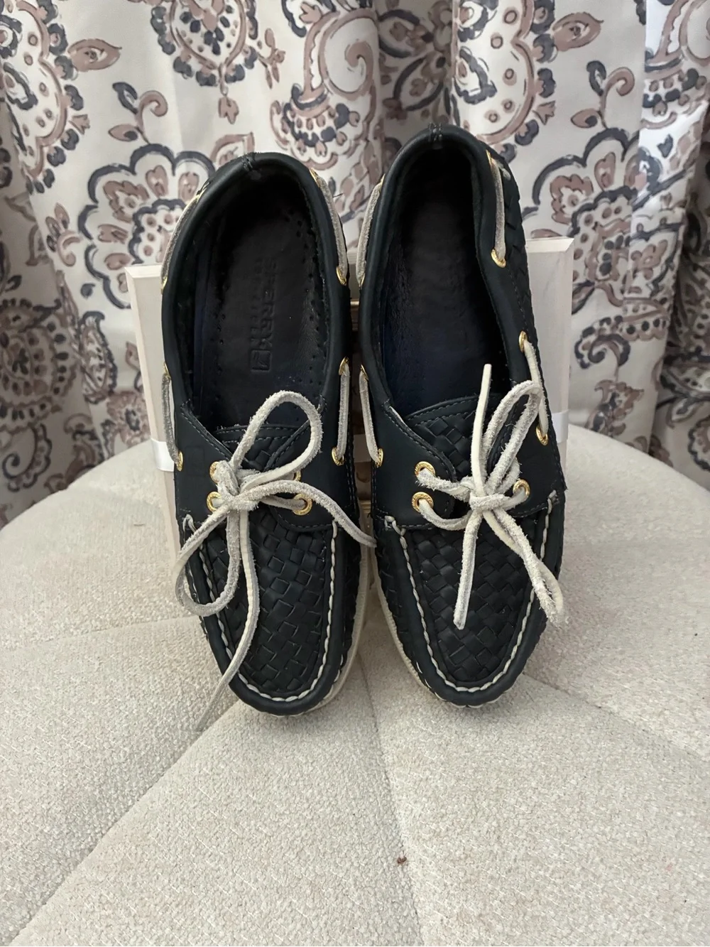 Sperry Navy Woven Leather Boat Shoes with White Laces
